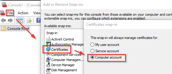 Console1 - [Console 
Add or Remove Snap-ins 
File 
Action 
View 
You can select snap-ins for this console from those available on your computer and conf 
? 
extensible snap-ins, you can configure which extensions are enabled, 
Available snap-ins: 
Certificates snap-in 
Console Root 
Snap-in 
ActiveX Control 
This snap-in will always manage certificates for: 
Authorization Manage 
My user account 
Certificates 
Service account 
+ Component Services 
Computer Managem ... 
Computer account 
Device Manager 
Disk Management 